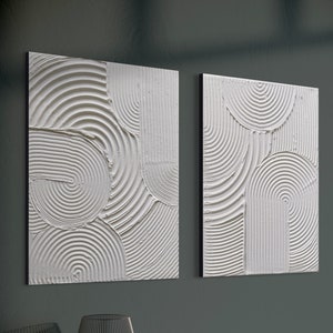 Large White WHEELS Minimalist Wall Art Set of 2 | Plaster Artworks | Matte Textured Structure Abstract Paintings | Boho Home Decor | Mural