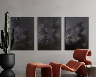 Black Curly Minimalist Trio Wandkunst | Gips Kunst | Matte weiße Texturierte Wandbilder 3er Set | Struktur Abstrakte Malerei | 3D Kunst