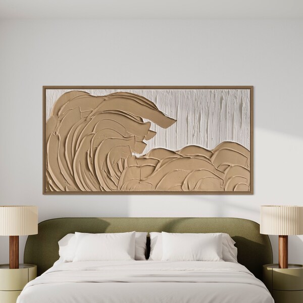 Gran beige marrón OCEAN WAVES Arte de pared minimalista / Arte de yeso / Arte de pared texturizado / Arte de masilla / Pintura abstracta de estructura / Arte 3D