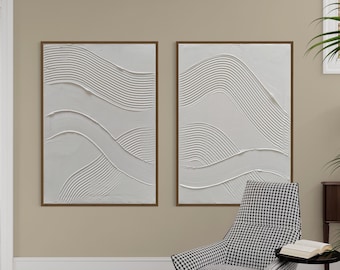 Lignes Ensemble minimaliste de 2 art mural | Art du plâtre | Art mural 3D texturé blanc mat | Art mural Spackle | Peinture abstraite de structure