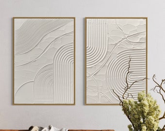 White Geometric Textured Abstract Painting Set of 2 | Minimalist Matte Plaster Wall Art | Spackle Artwork | Structure Wall Art  | 3D Art