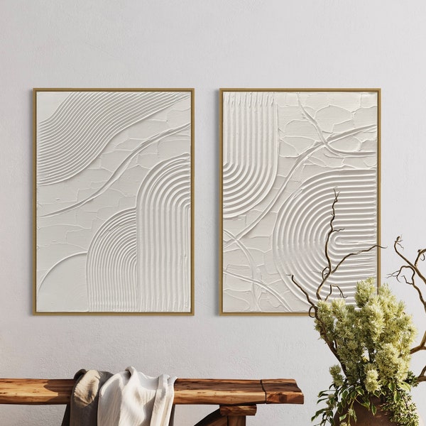 Witte geometrische getextureerde abstracte schilderij set van 2 | Minimalistische matte gips kunst aan de muur | Spackle-kunstwerk | Structuur kunst aan de muur | 3D-kunst