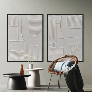 White Geometric Lines Modern Minimalist Wall Art | Plaster Art | Matte Spackle Textured Art Set of 2 | Structure Abstract Painting | 3D Art