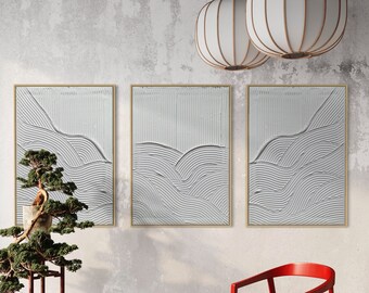 Minimalistische WAVES LINES Wandkunst | Gips Kunst | Weiße Strukturierte Wandbilder 3er Set | Spackle Kunstwerk | Struktur Abstrakte Malerei | 3D Kunst