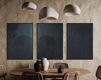 Trio d’Arches Zen Noir Art Mural | Minimaliste Moderne Plâtre Mat noir Texturé Mur Art Ensemble de 3 | Peinture abstraite de structure | Art 3D