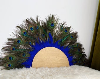 Arch Juju Hat Peacock feathers, Boho Wall hanging, Blue and Gold Decor