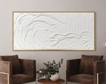 Grande oeuvre d'art murale minimaliste OCEAN WAVES | Art en plâtre | Art mural texturé blanc mat | Spackle Art | Peinture abstraite de structure | Créations 3D