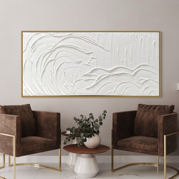 Grande oeuvre d'art murale minimaliste OCEAN WAVES | Art en plâtre | Art mural texturé blanc mat | Spackle Art | Peinture abstraite de structure | Créations 3D