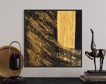 DRAGON Minimalistisch Moderne Gold Schwarz Metallic Kunst | Gips Kunst | Strukturierte Wandkunst | Spackle Kunst | Struktur Abstrakte Malerei | 3D Kunst