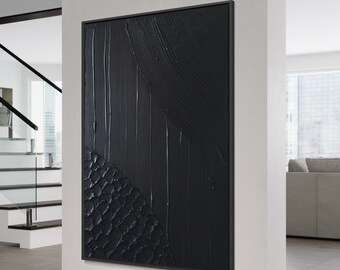 Art de plâtre minimaliste noir | toile peinture originale | art mural 3d | art texturé | décor à la maison | moderne du milieu du siècle | cadeau d'art mural