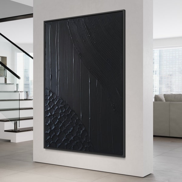 Art de plâtre minimaliste noir | toile peinture originale | art mural 3d | art texturé | décor à la maison | moderne du milieu du siècle | cadeau d'art mural