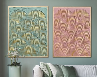 Large Golden Shells Set of 2 Wall Art | Green Plaster Art | Abstract Textured Artwork | Minimalist Wall Art | Relief Painting | 3D Wall Art