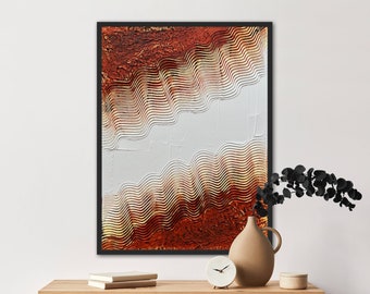 Art mural abstrait orange brûlé et noir | Art de plâtre mat | Grande œuvre texturée | Art minimaliste | Peinture en relief | Décoration murale 3D