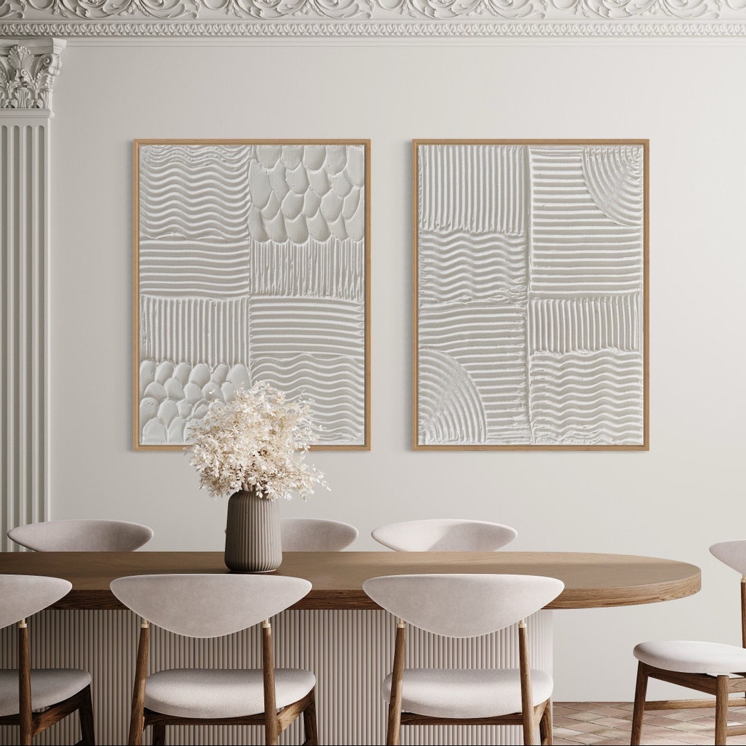 Loco Minimalist Wall Art Set of 2 Plaster Art Matte White Textured Wall