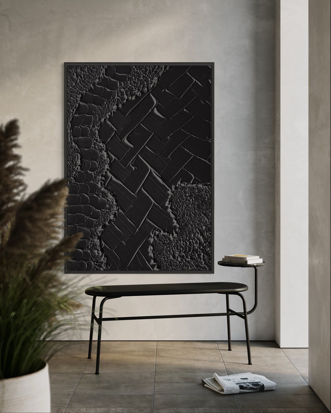 Minimalist Black Wall Art Plaster Art Matte White Textured Wall Art