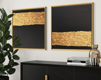 GOLD leaf Minimalist Wall Art | Plaster Art | Black Textured Wall Art Set of 2 | Structure Abstract Original Painting | 3D Modern Art