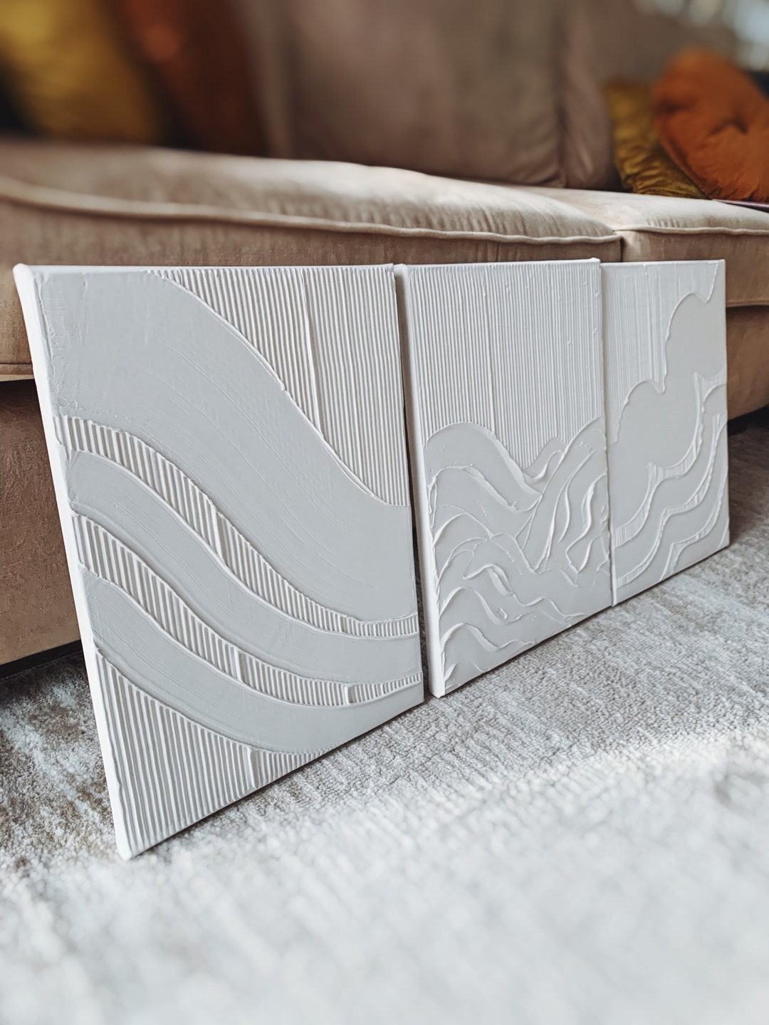 Minimalist TRIO Wall Art Plaster Art Matte White Textured Wall Art Set