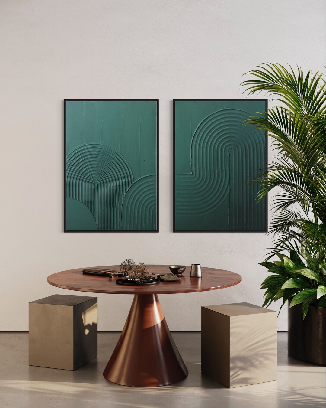 Minimalist Wall Art Plaster Art Emerald Green Textured Wall Art Set of
