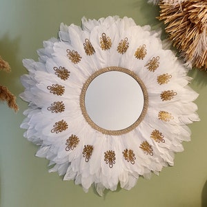 White and Gold Juju Hat Mirror | Art Deco Feather Home Decor | Round Wall Mirror | Hanging Mirror | Circle Mirror | Mirror Wall Decor