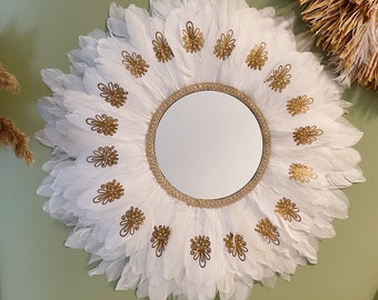 White and Gold Juju Hat Mirror | Art Deco Feather Home Decor | Round Wall Mirror | Hanging Mirror | Circle Mirror | Mirror Wall Decor