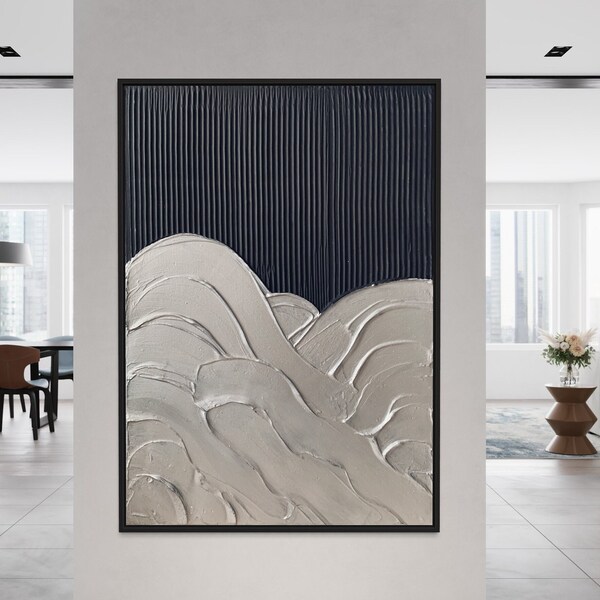 Grand Noir Argent WAVES Art Mural Minimaliste | Art du plâtre | Art mural texturé métallique | Spackle Art | Structure Peinture abstraite | Art 3D