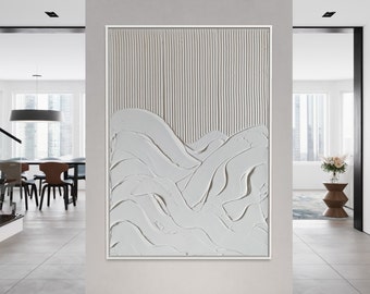 Art mural minimaliste de grandes VAGUES | Art du plâtre | Art mural texturé blanc mat | Spackle Art | Structure Peinture Abstraite | Art mural 3D