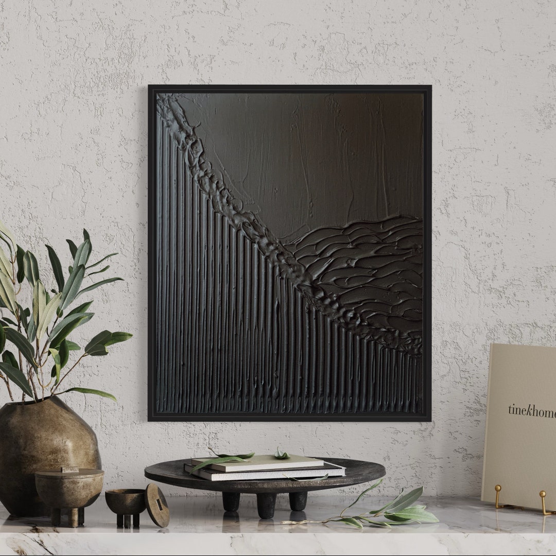 Black Minimalist Wall Art Plaster Art Matte Textured Wall Art Spackle