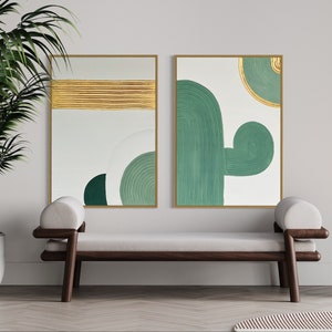 Minimalist golden Set of 2 Wall Art | Plaster Art | Sage green white Textured Wall Art | Structure Abstract Painting | 3D Modern Wall Art