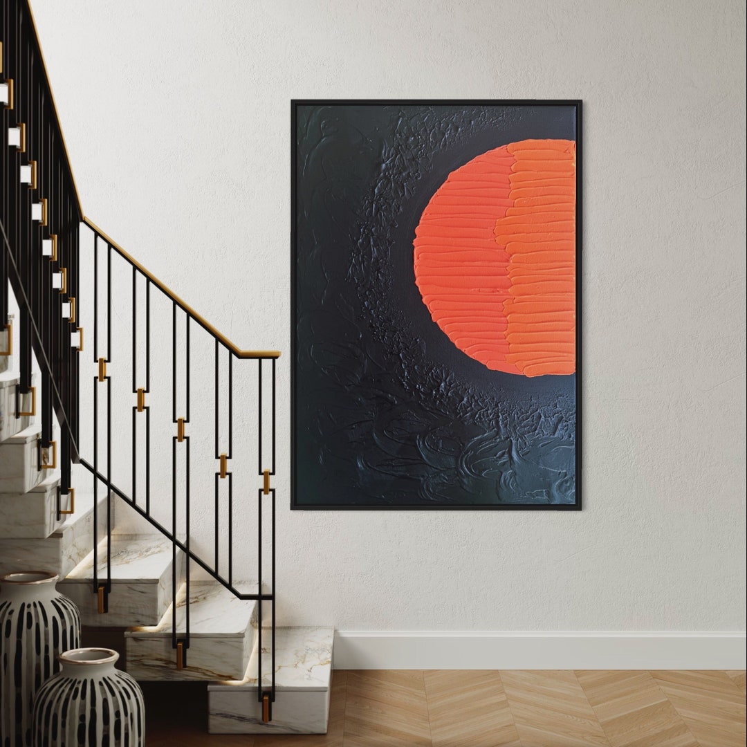 Sunset Minimalist Wall Art Plaster Art Matte Black Textured Canvas