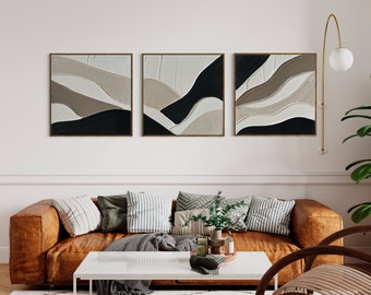 Ensemble de 3 peintures Boho GAJA | uvres d'art texturé minimaliste beige blanc noir | Grande décoration murale abstraite moderne en plâtre 3D
