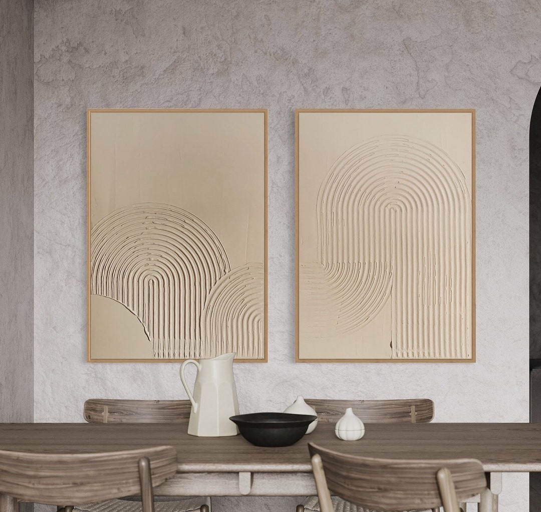 White Minimalist Wall Art Plaster Art Matte Beige Textured Wall Art Set