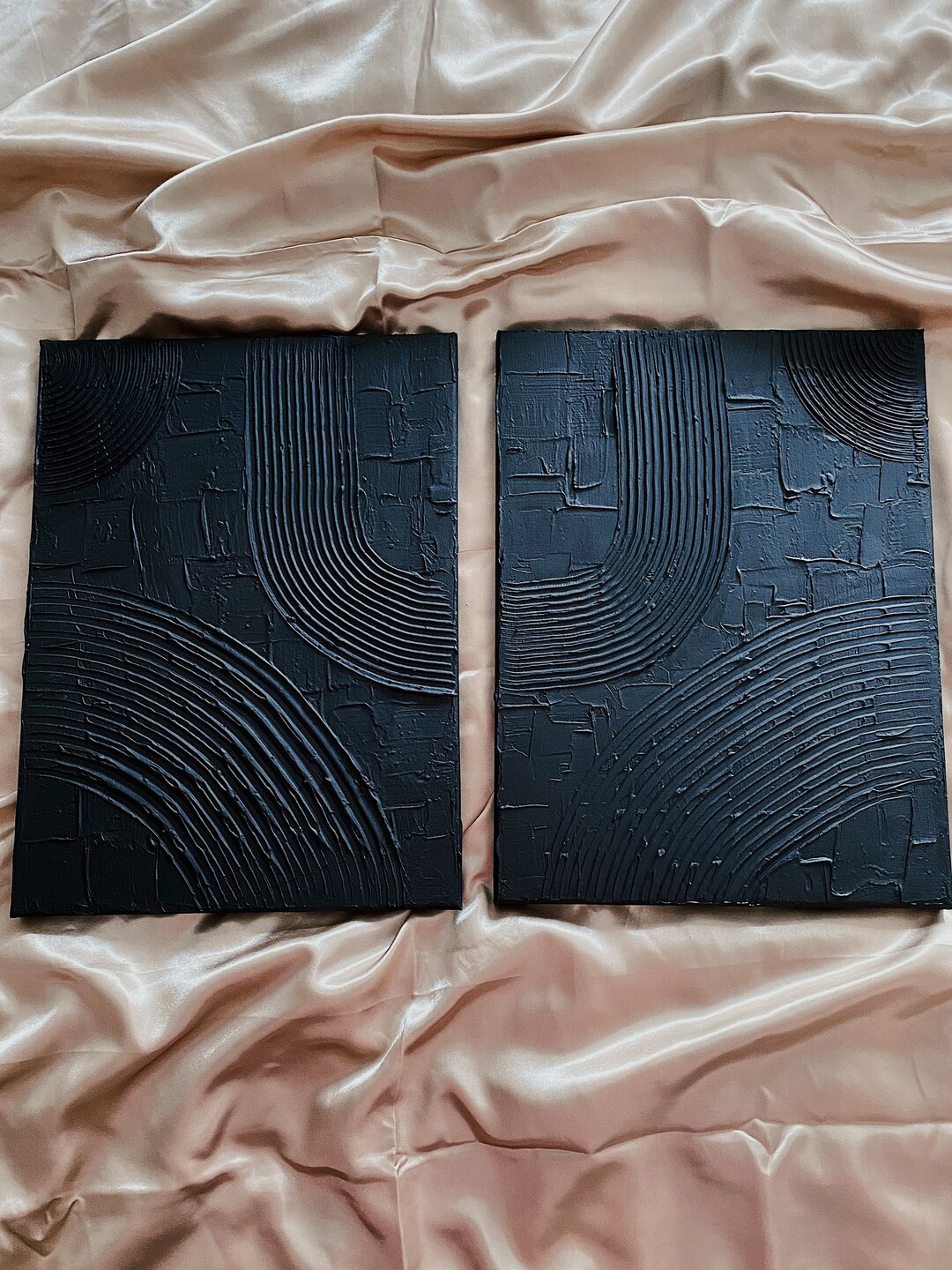 Minimalist Wall Art Plaster Art Matte Black Textured Wall Art Set of 2