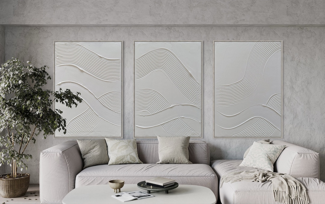 Minimalist Lines Trio Wall Art Plaster Art Matte White Textured Wall