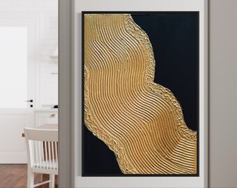 WAVY GOLD Single Minimalist Wall Art | | d’art en plâtre | d’art mural texturé noir Spackle Art | Structure Peinture abstraite | Art moderne 3D