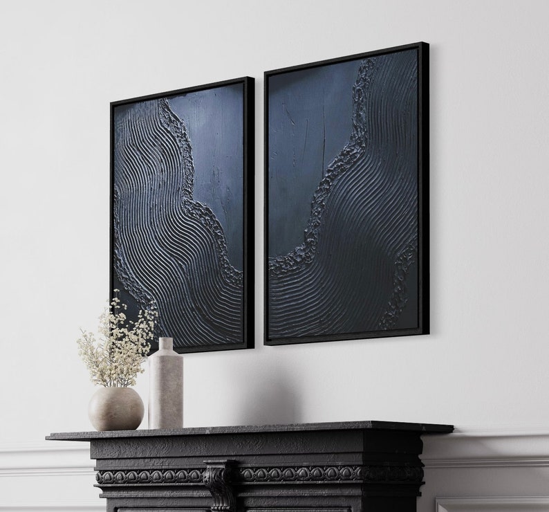 WAVY Minimalist Wall Art Plaster Art Matte Black Textured Etsy