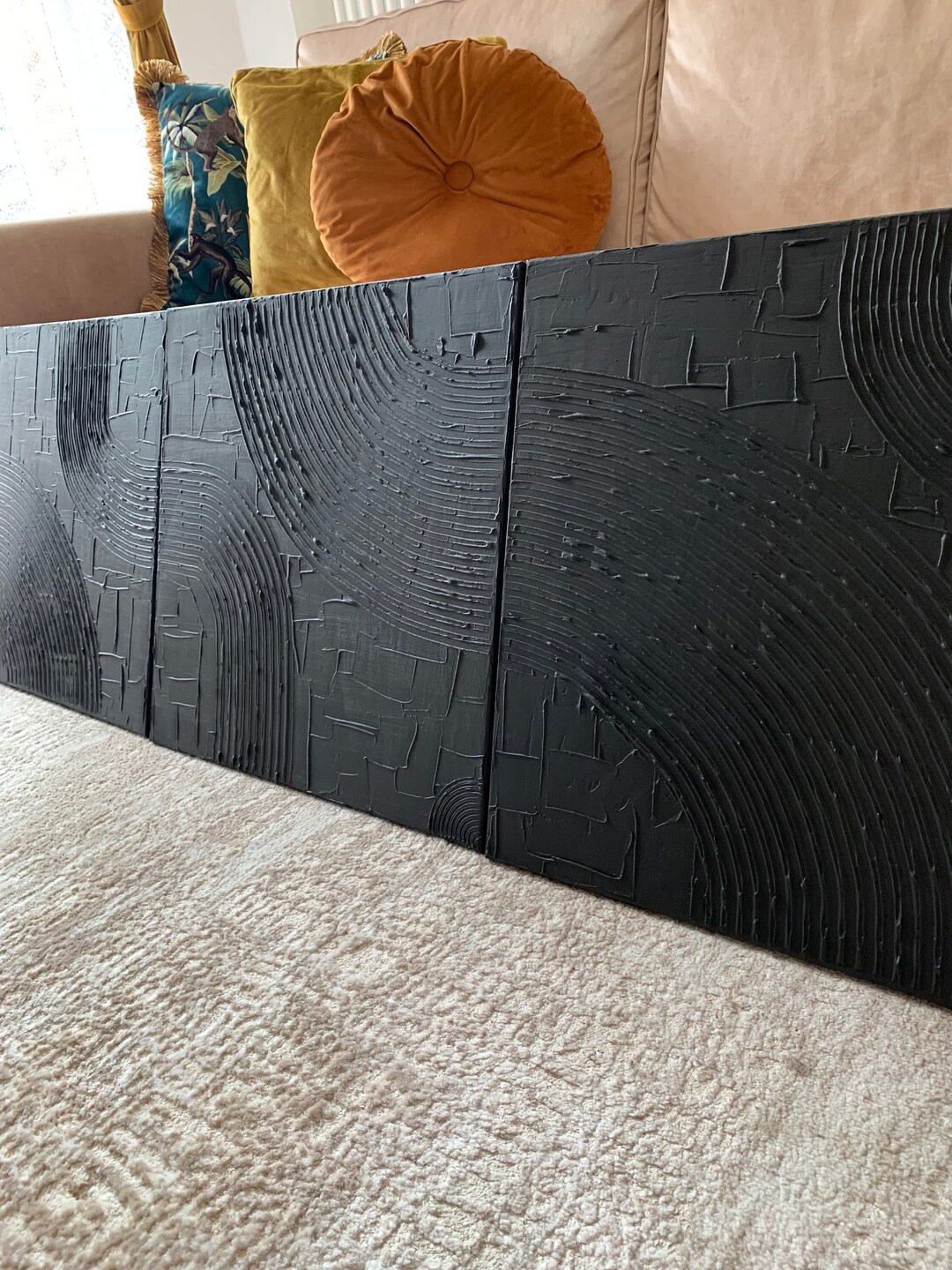 Minimalist Wall Art Set of 3 Plaster Art Matte Black Textured Wall Art