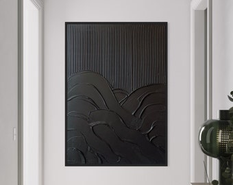 Große schwarze WAVES Minimalistische Wandkunst | Gips Kunst | Matt strukturierte Wandkunst | Spackle Kunst | Struktur Abstrakte Malerei | 3D Wandkunst