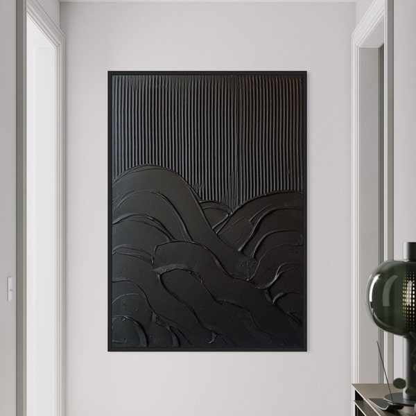 Grand art mural minimaliste VAGUES noires | Art du plâtre | Art mural texturé mat | Spackle Art | Structure Peinture Abstraite | Art mural 3D