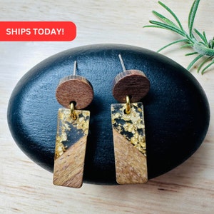 Wood Resin Bar A Studded Earrings, Wood and Resin Jewelry, Resin Gold Flakes Dangle Earrings Personalized, Mother's Day Gift, Anniversary