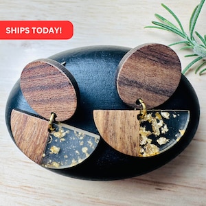 Wood Resin Bar A Studded Earrings, Wood and Resin Jewelry, Resin Gold Flakes Dangle Earrings Personalized, Mother's Day Gift, Anniversary