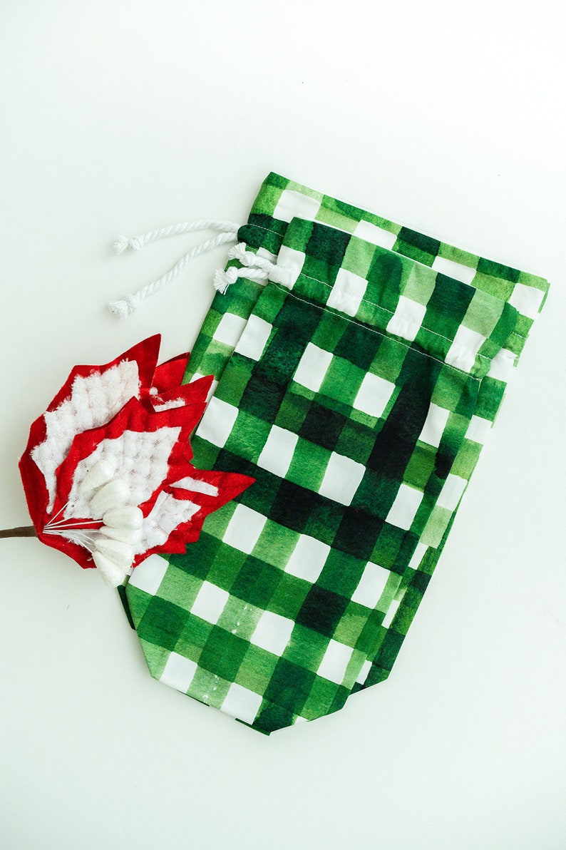 Green Gingham fabric gift bag Christmas gift wrap Reusable gift bags Reusable gift wrap Cloth gift wrap Fabric gift bags image 5