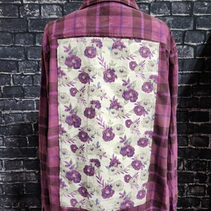 Distressed and Dyed Floral panel custom Flannel shirt. Boho hippie style Unisex sizing