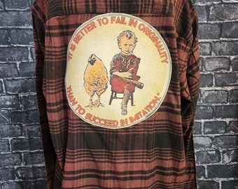 Better to fail in originality than to succeed in imitation Boho Flannel Shirt LARGE hippie weird unique gifts funny humorous chicken & kid.