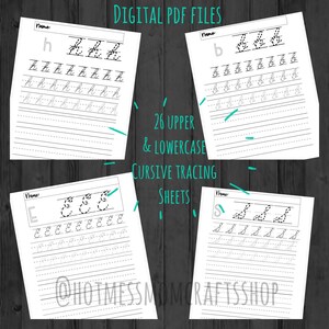 Puede incluir: Cuatro hojas blancas con ejercicios de trazado en cursiva para las letras h, b, E y s. Las hojas están etiquetadas como "Nombre" e incluyen ejercicios de letras mayúsculas y minúsculas. El texto de la imagen dice "DIGITAL PDF FILES" y "26 UPPER & LOWERCASE CURSIVE TRACING SHEETS."
