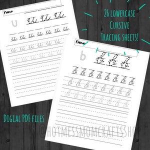 Puede incluir: Dos hojas de trabajo imprimibles de trazado cursivo para las letras minúsculas 'u' y 'b'. Cada hoja de trabajo presenta una guía de línea punteada para trazar la letra y varias líneas para practicar.