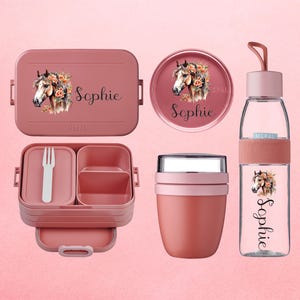 Personalisierte Brotdose Trinkflasche und Lunchpot - Als Set oder Einzeln mit coolem Pferde Motiv - Mepal - Lunchbox Wasserflasche Snackpot