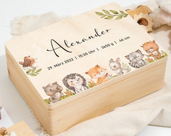 Baby memory box as a gift for a birth or baptism | Engraved Personalized Wooden Keepsake Box | Cute forest animals with names