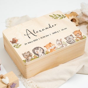 Baby memory box as a gift for a birth or baptism | Engraved Personalized Wooden Keepsake Box | Cute forest animals with names