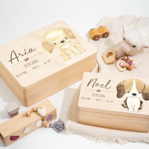 3 Süße Hunde Motive  mit Geburtsdaten und Name Erinnerungskiste Baby | Erinnerungsbox Personalisiert | Taufgeschenk Geschenk zur Geburt