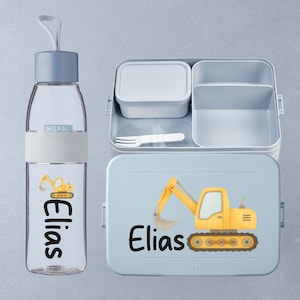 Personalized Mepal Bento Lunchbox Large with drinking bottle with excavator motif - gift for the start of kindergarten or school - lunch box water bottle